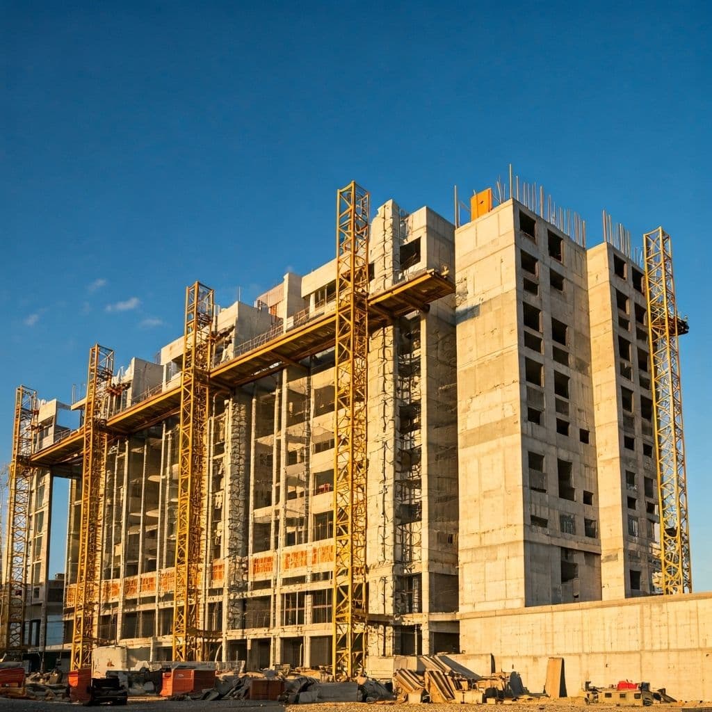 Obra de construcción al atardecer con grúas torre y edificio en construcción - Hadron Construcciones